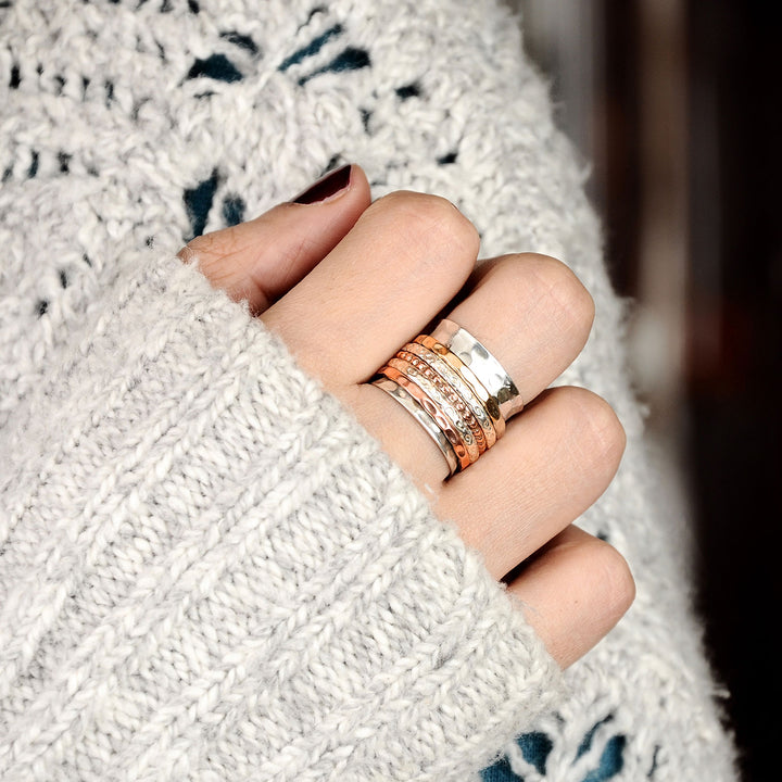 Two Tone Wide Band Spinner Ring Hammered Sterling Silver