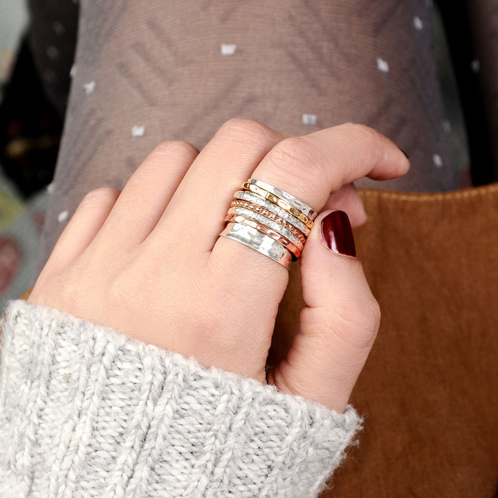 Two Tone Wide Band Spinner Ring Hammered Sterling Silver