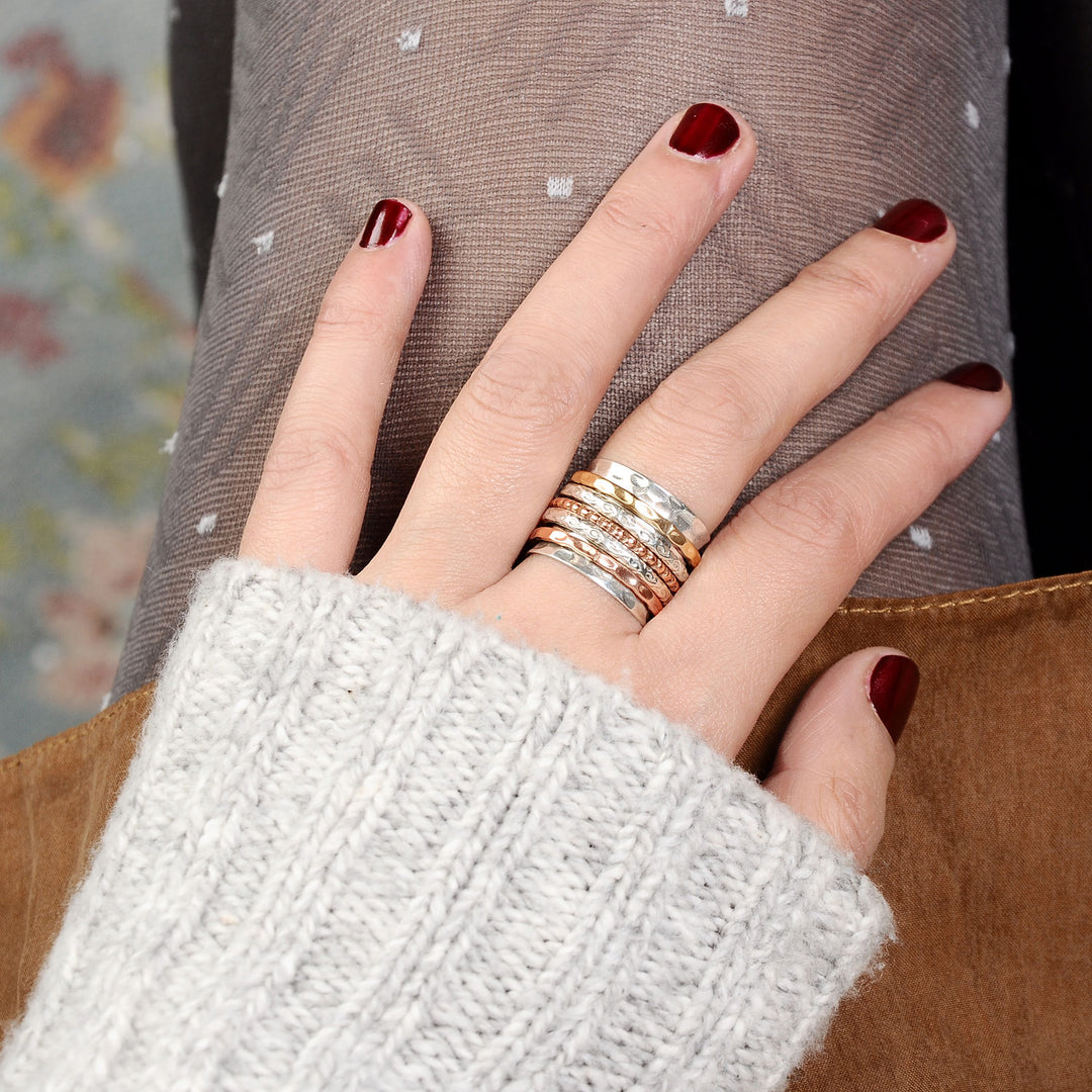 Two Tone Wide Band Spinner Ring Hammered Sterling Silver