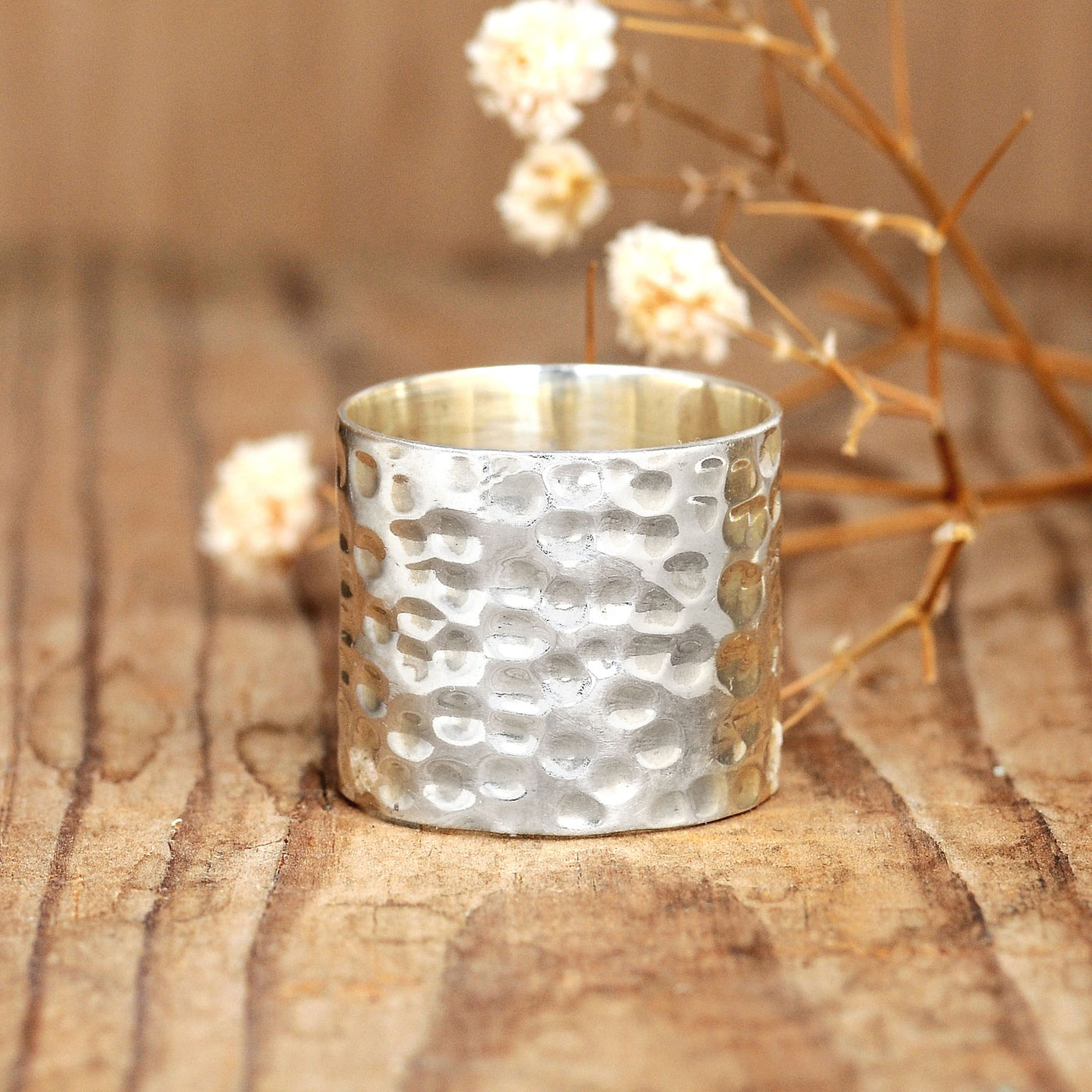 Hammered Sterling Silver Wide Band Ring