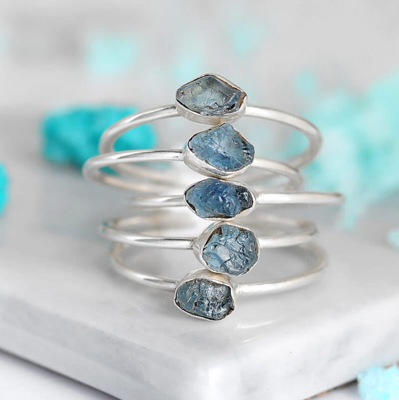 Raw Aquamarine Ring Stacking Set Sterling Silver