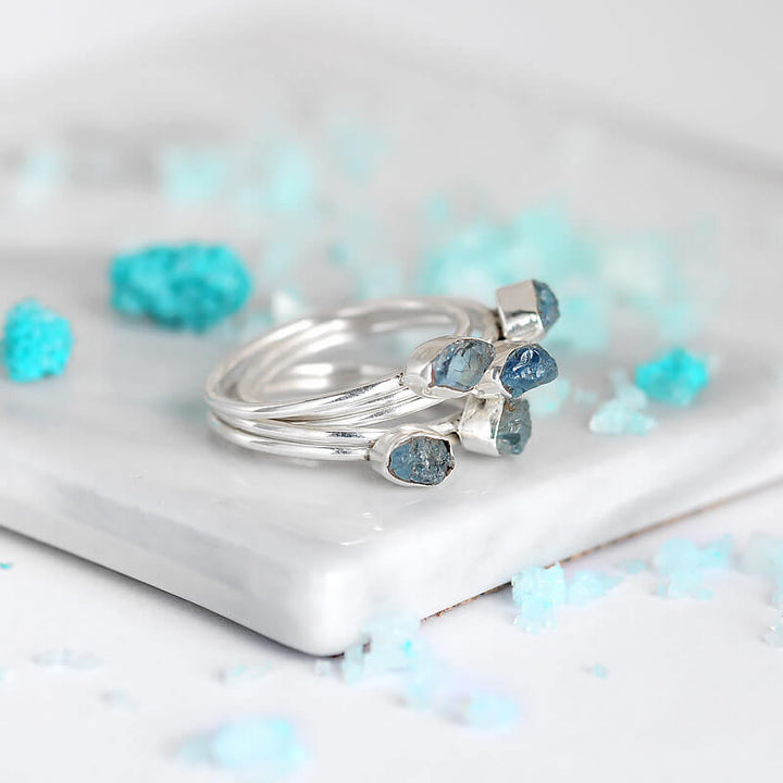 Raw Aquamarine Ring Stacking Set Sterling Silver