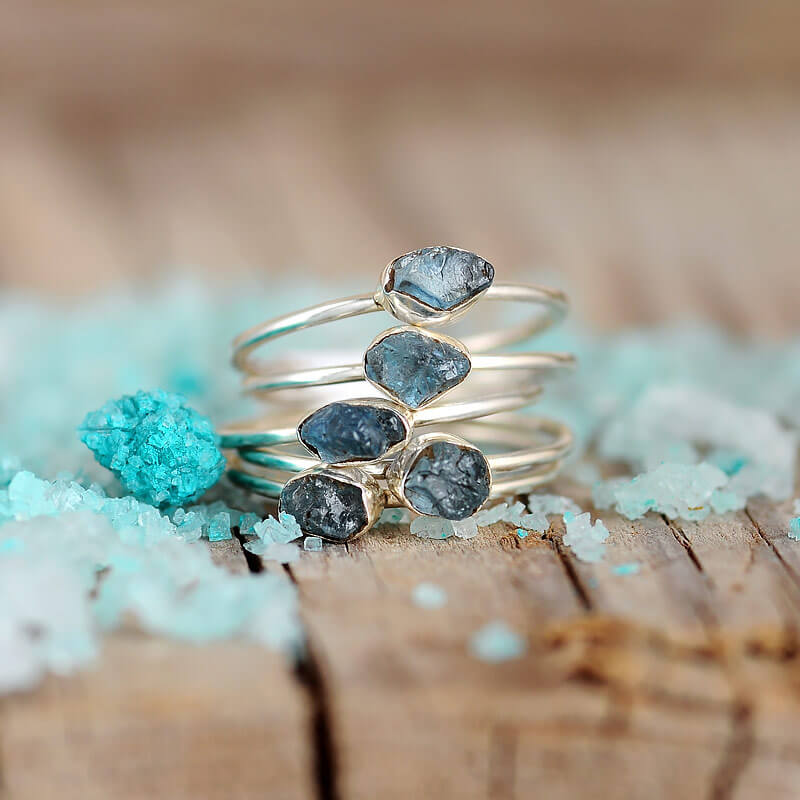 Raw Aquamarine Ring Stacking Set Sterling Silver