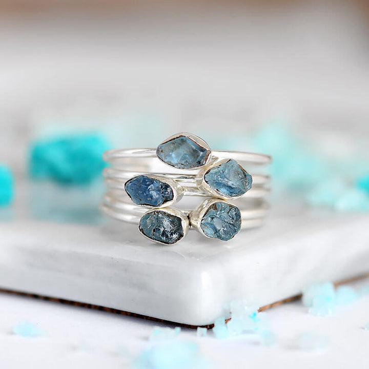 Raw Aquamarine Ring Stacking Set Sterling Silver