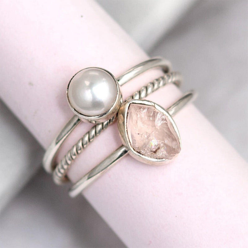 Pearl and Rose Quartz Stacking Ring Set Sterling Silver