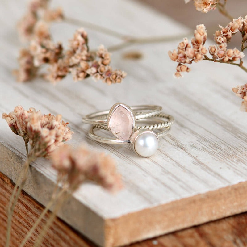 Pearl and Rose Quartz Stacking Ring Set Sterling Silver