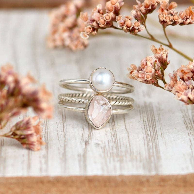 Pearl and Rose Quartz Stacking Ring Set Sterling Silver