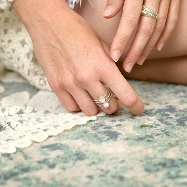 Pearl and Rose Quartz Stacking Ring Set Sterling Silver