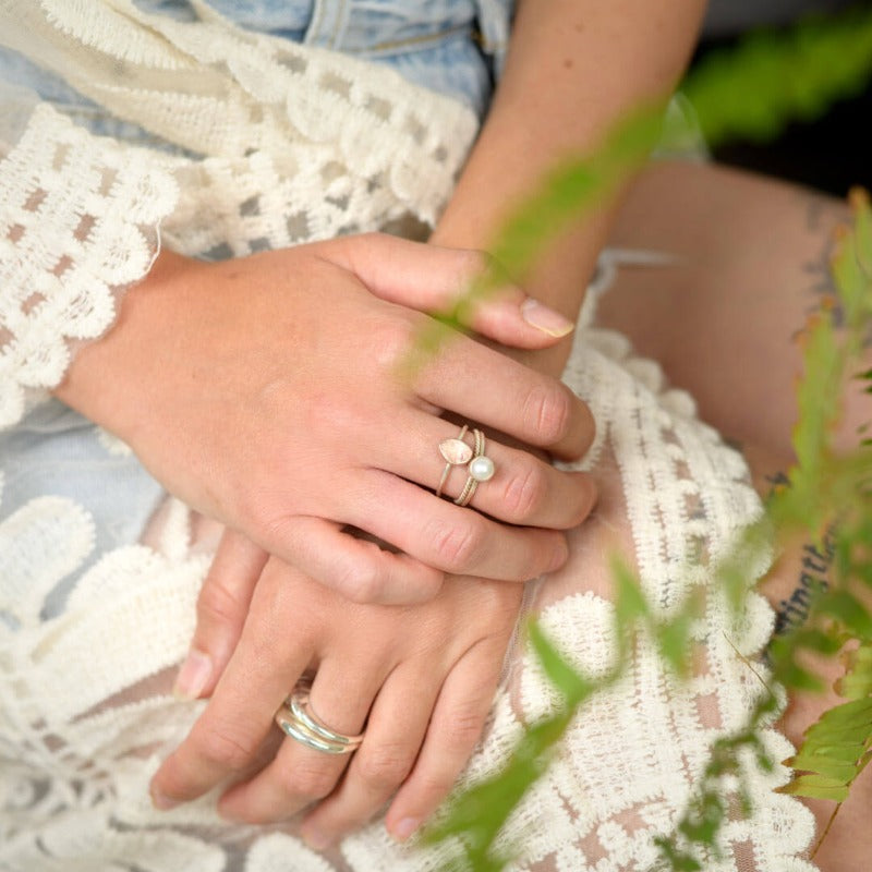 Pearl and Rose Quartz Stacking Ring Set Sterling Silver