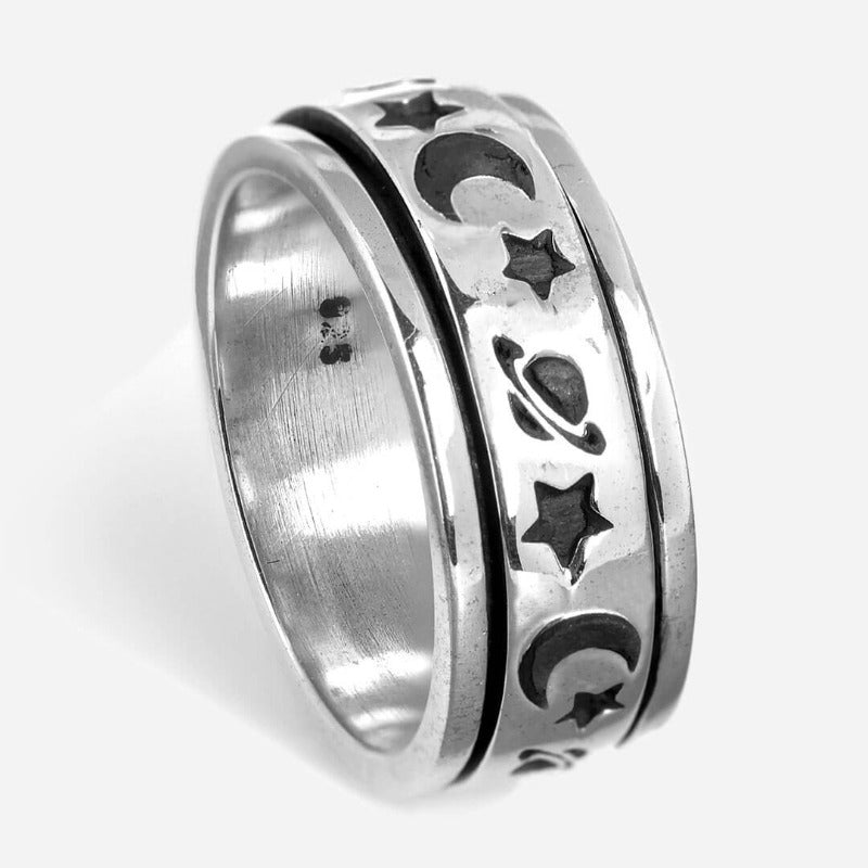 Saturn, Stars and Moon Fidget Ring Sterling Silver