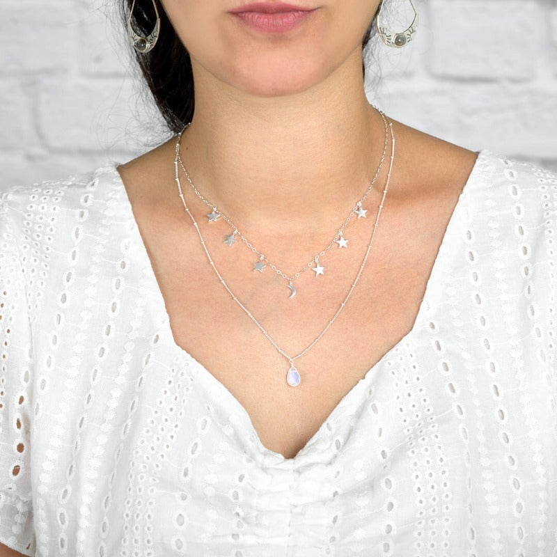 Stars Moon and Moonstone Layered Necklace Sterling Silver