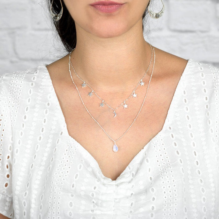 Stars Moon and Moonstone Layered Necklace Sterling Silver
