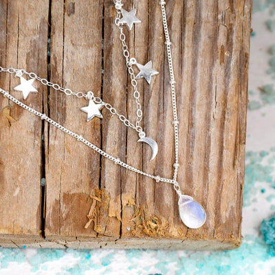 Stars Moon and Moonstone Layered Necklace Sterling Silver - Boho Magic