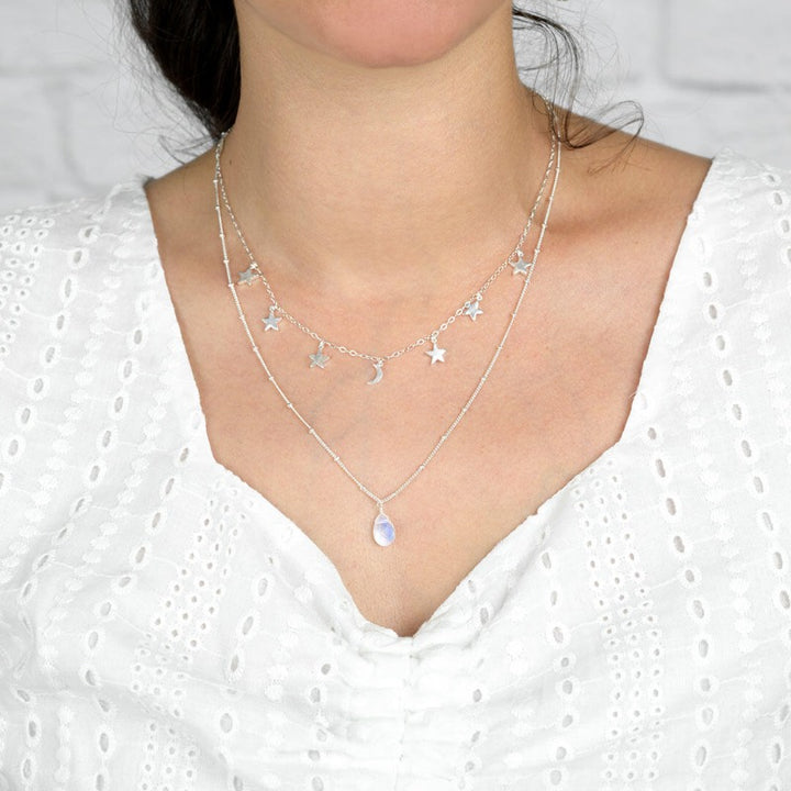 Stars Moon and Moonstone Layered Necklace Sterling Silver