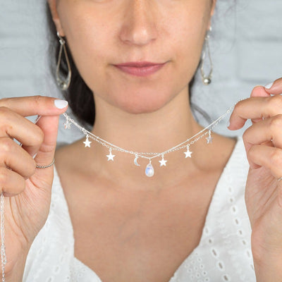 Stars Moon and Moonstone Layered Necklace Sterling Silver - Boho Magic