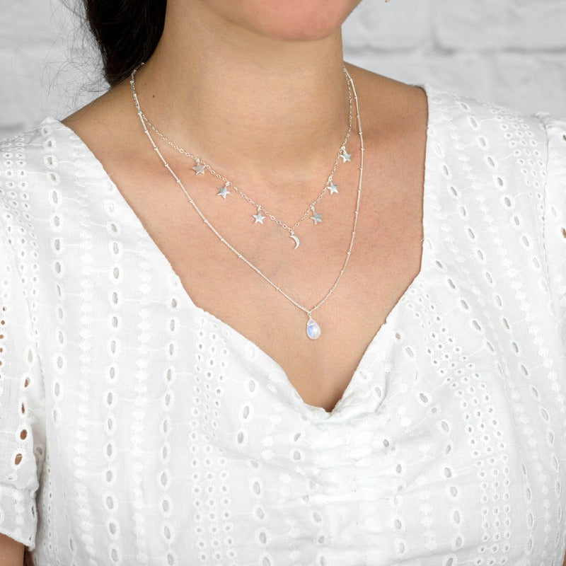 Stars Moon and Moonstone Layered Necklace Sterling Silver