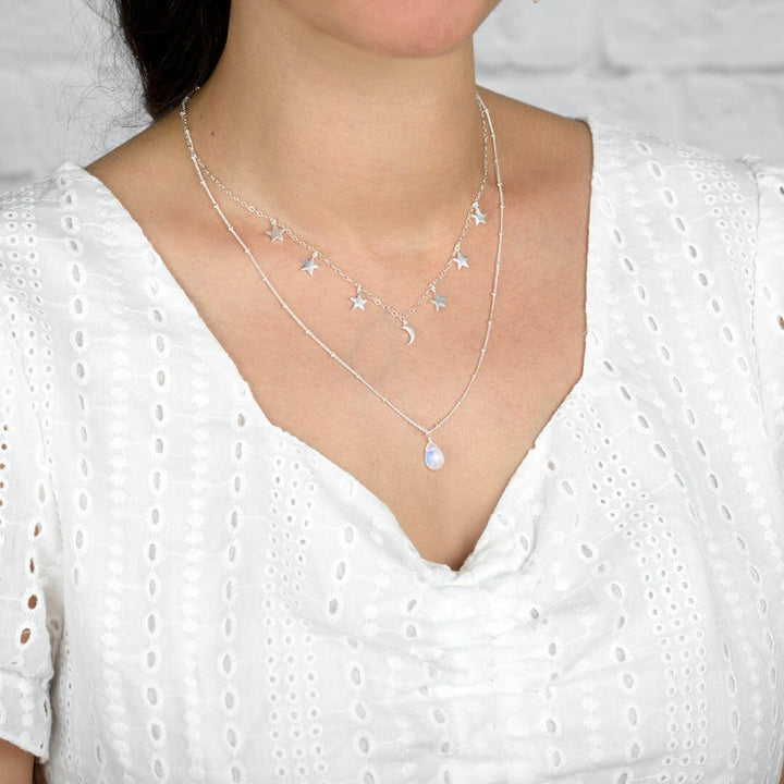 Stars Moon and Moonstone Layered Necklace Sterling Silver