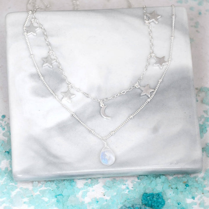 Stars Moon and Moonstone Layered Necklace Sterling Silver