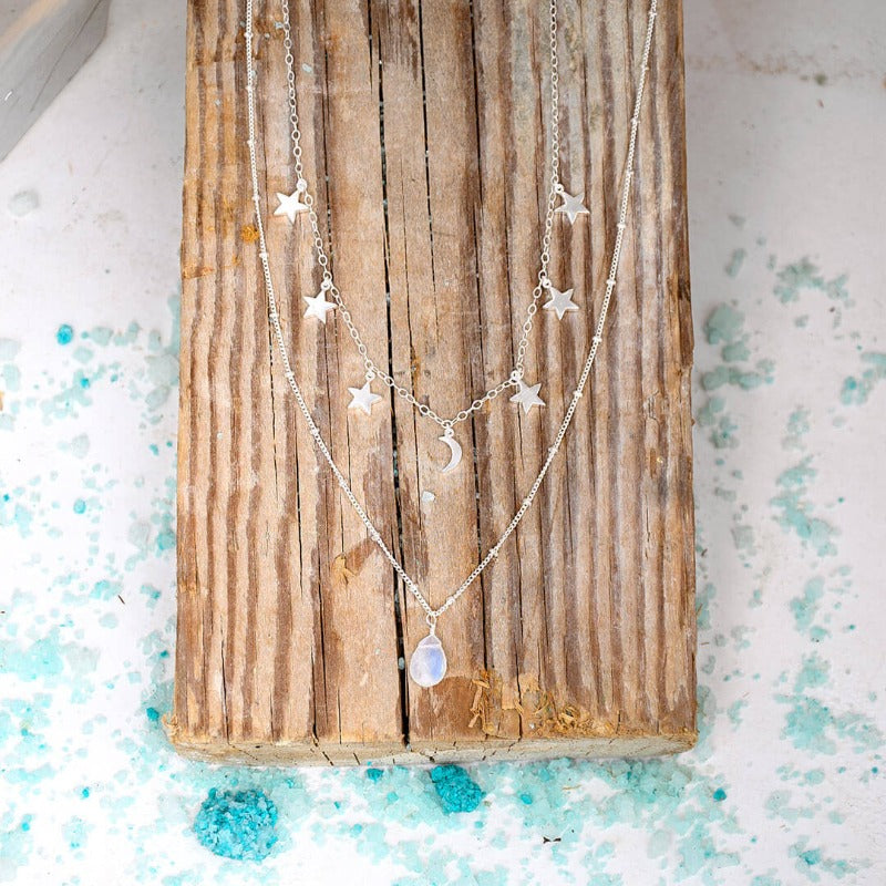 Stars Moon and Moonstone Layered Necklace Sterling Silver