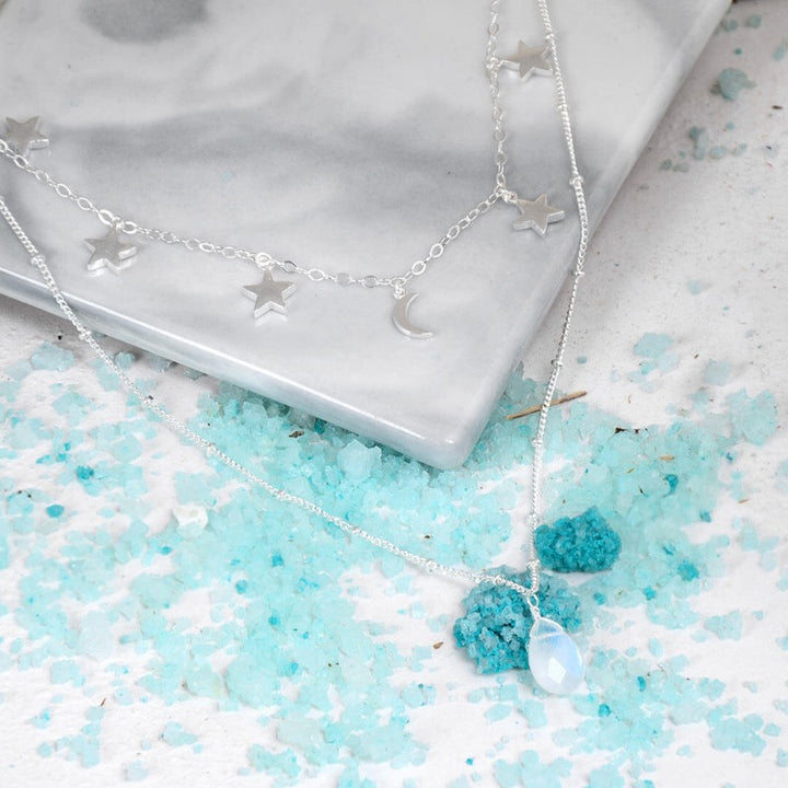 Stars Moon and Moonstone Layered Necklace Sterling Silver