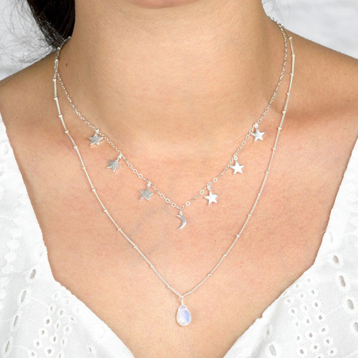 Stars Moon and Moonstone Layered Necklace Sterling Silver