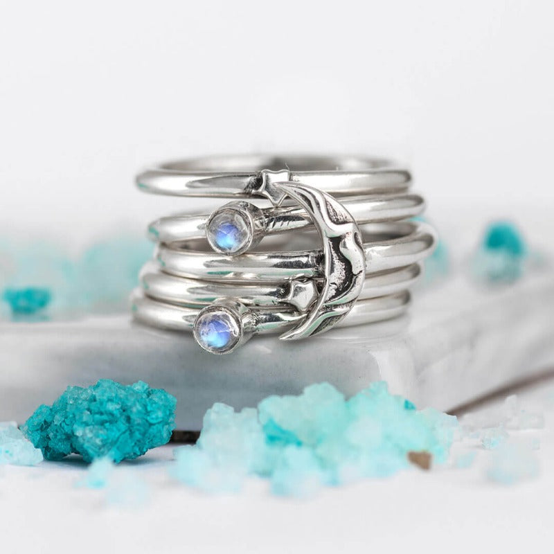 Stars Moon Moonstone Stacking Ring Set Sterling Silver