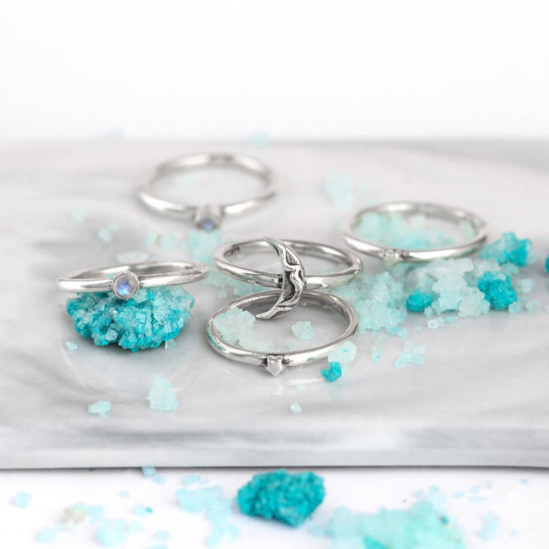 Stars Moon Moonstone Stacking Ring Set Sterling Silver