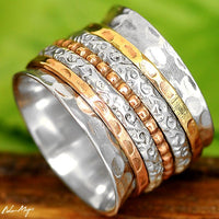 Two Tone Wide Band Spinner Ring Hammered Sterling Silver - Boho Magic