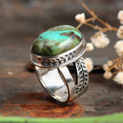 Nature Ring with Authentic Green Turquoise Sterling Silver - Boho Magic