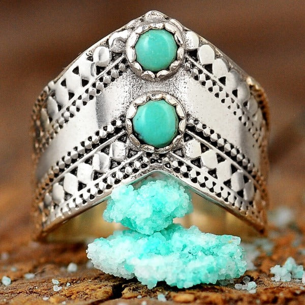 Chevron Boho Ring mit grünem Türkis Sterling Silber