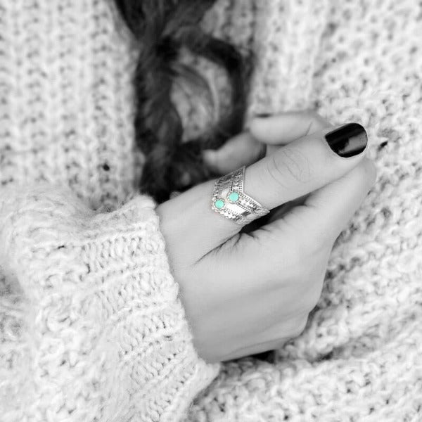 Chevron Boho Ring with Green Turquoise Sterling Silver