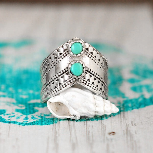 Chevron Boho Ring with Green Turquoise Sterling Silver