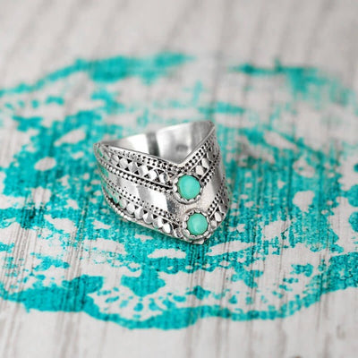 Chevron Boho Ring with Green Turquoise Sterling Silver - Boho Magic