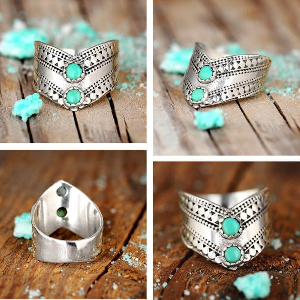 Chevron Boho Ring with Green Turquoise Sterling Silver