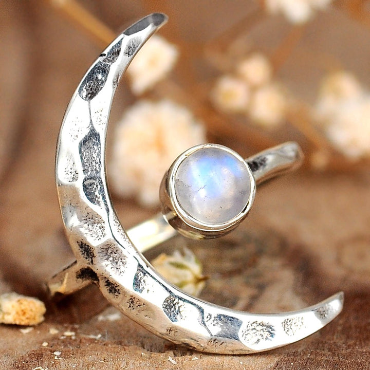 Sterling Silver Crescent Moon Ring with Moonstone