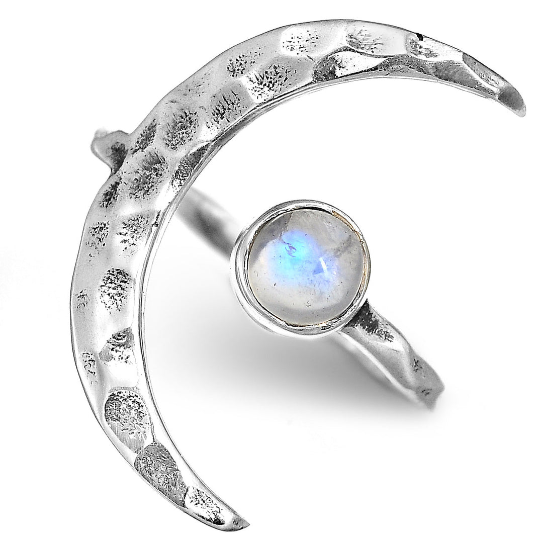 Sterling Silver Crescent Moon Ring with Moonstone