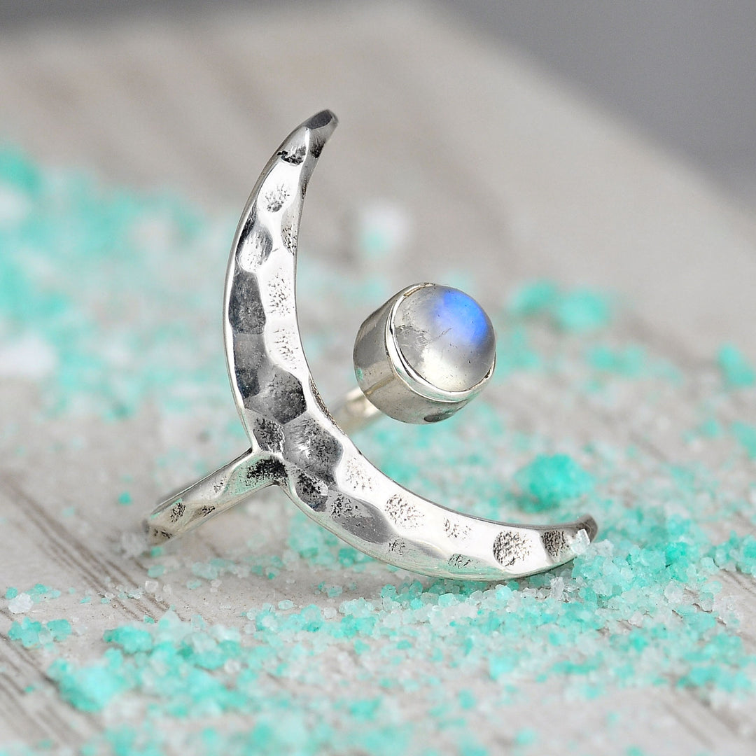 Sterling Silver Crescent Moon Ring with Moonstone