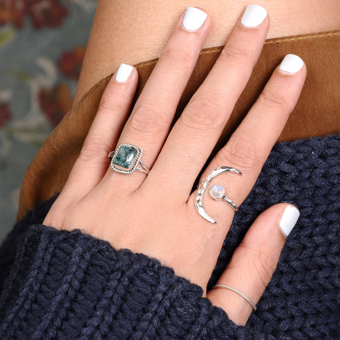 Sterling Silver Crescent Moon Ring with Moonstone