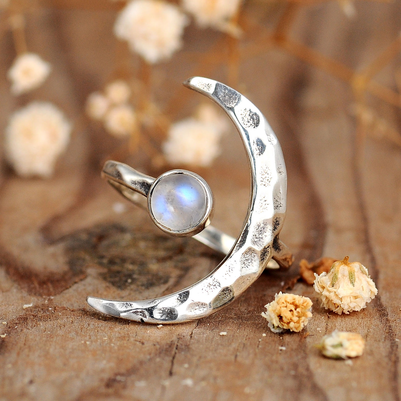 Sterling Silver Crescent Moon Ring with Moonstone