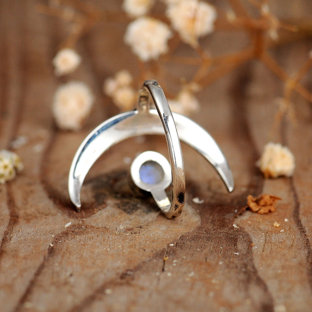 Sterling Silver Crescent Moon Ring with Moonstone