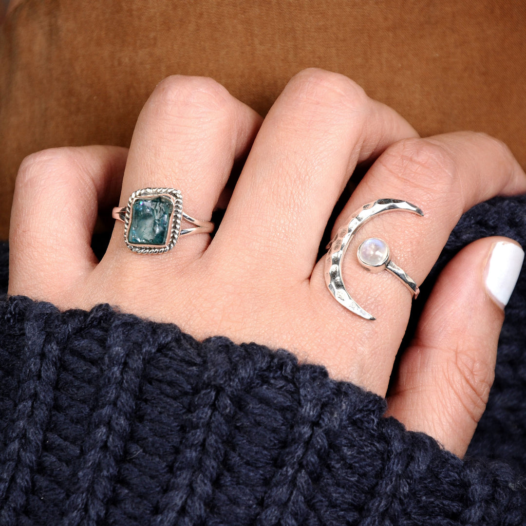 Sterling Silver Crescent Moon Ring with Moonstone