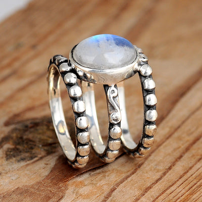 Large Rainbow Moonstone Ring Sterling Silver - Boho Magic
