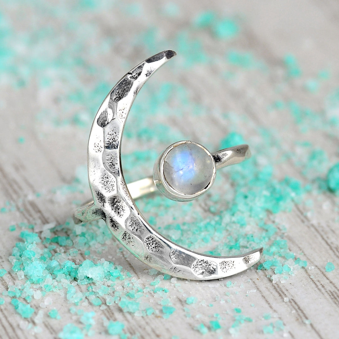 Sterling Silver Crescent Moon Ring with Moonstone