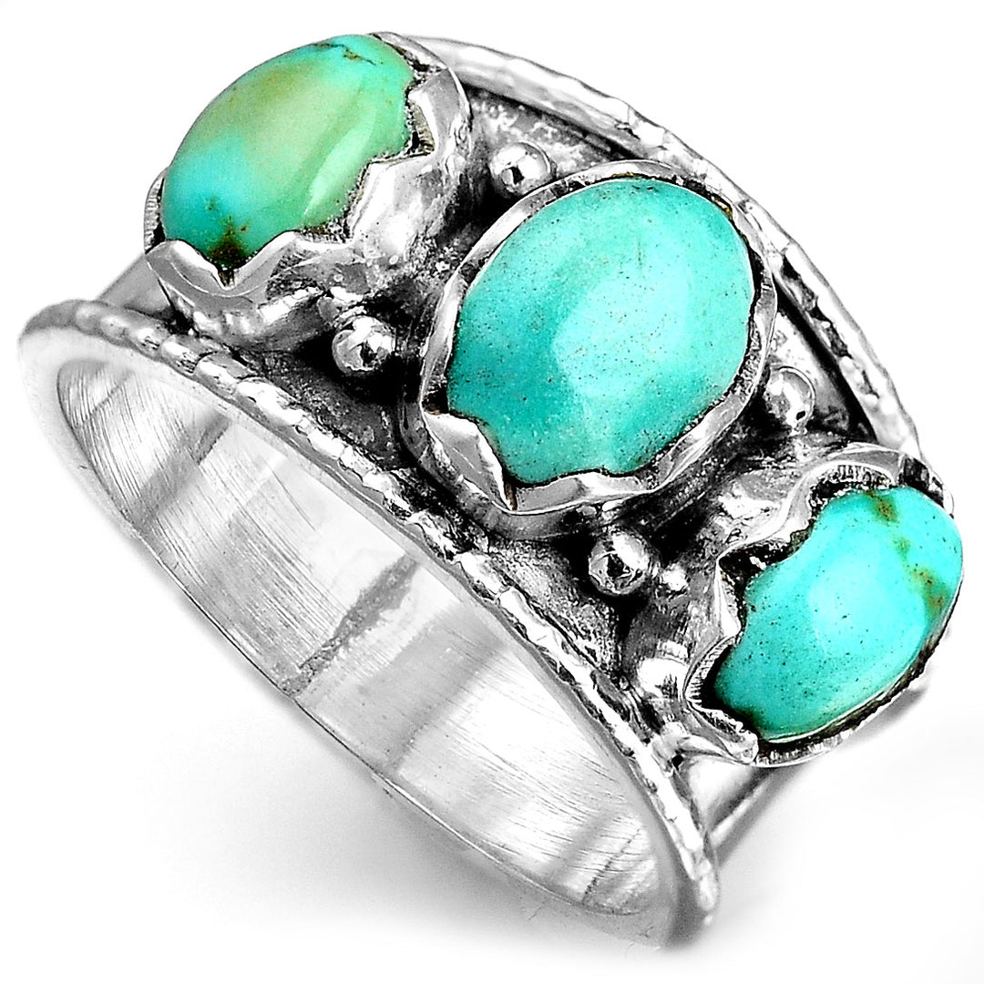 Sterling Silver Three Stone Authentic Turquoise Ring