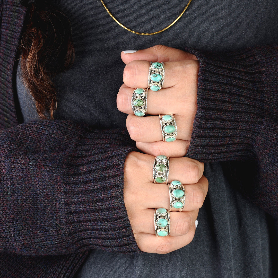 Sterling Silver Three Stone Authentic Turquoise Ring