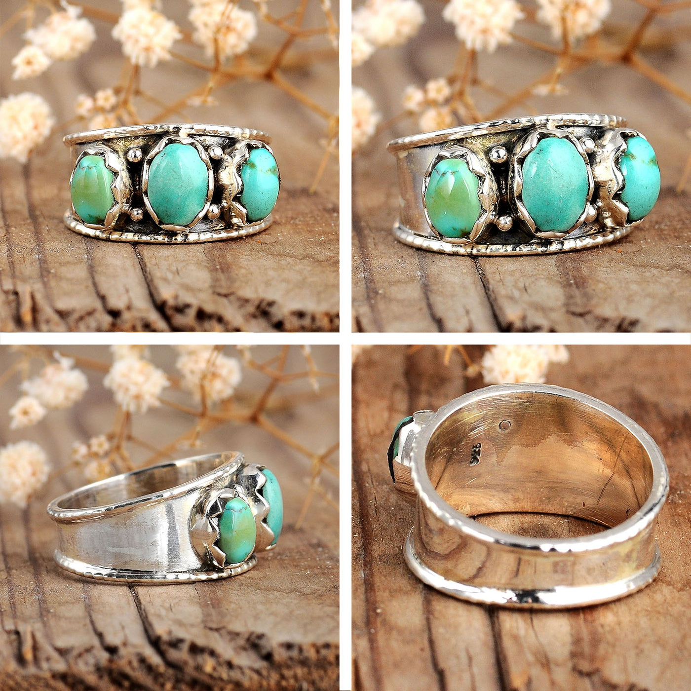 Sterling Silver Three Stone Authentic Turquoise Ring