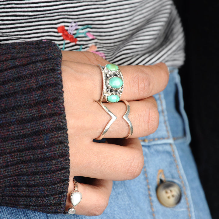 Sterling Silver Three Stone Authentic Turquoise Ring