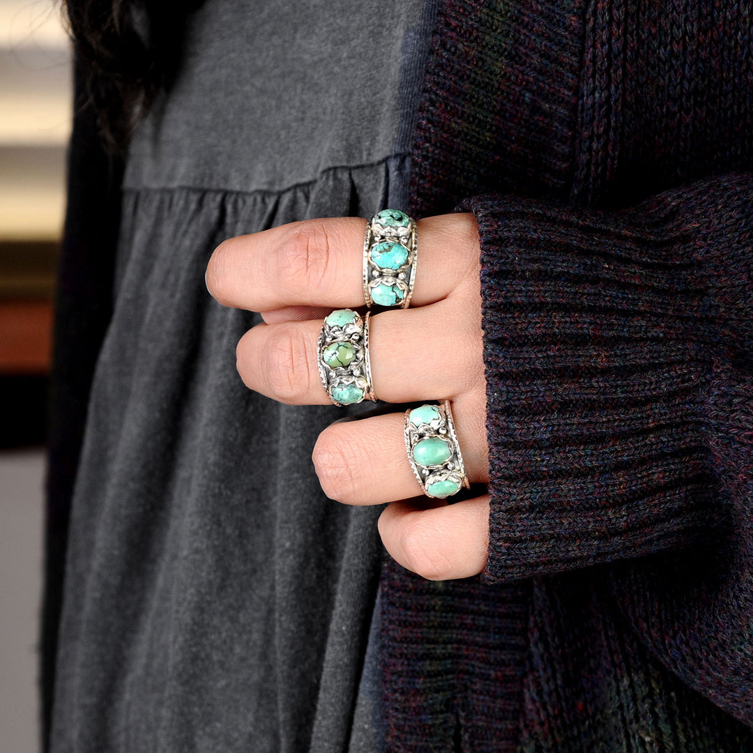 Sterling Silver Three Stone Authentic Turquoise Ring