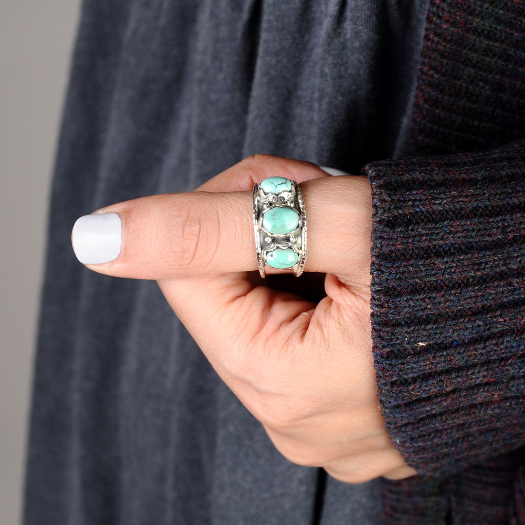 Sterling Silver Three Stone Authentic Turquoise Ring