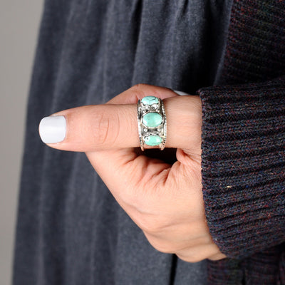 Sterling Silver Three Stone Authentic Turquoise Ring - Boho Magic